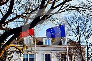 Flag building European Union together sky trees blue spring house roof