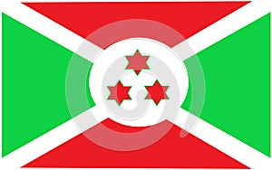 The flag of Burundi with three red six pointed stars centered within four quadrants of red and green