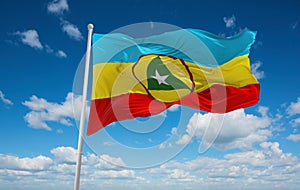 flag of Cabinda FLEC propose, africa at cloudy sky background, panoramic view. flag representing extinct country,ethnic group or photo