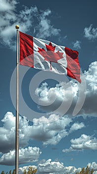 Flag of Canada in front of blue sky.