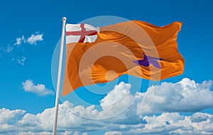 flag of Celtic peoples Ulster Protestants at cloudy sky background, panoramic view. flag representing ethnic group or culture,