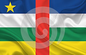 Flag of Central African Republic on wavy silk fabric background panorama