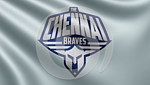 The flag of the Chennai Braves cricket team that plays cricket flutters in the wind close-up, the flag of the Chennai