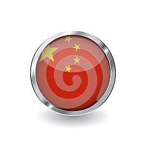 Flag of china, button with metal frame and shadow. china flag vector icon, badge with glossy effect and metallic border. Realistic