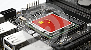 Flag of china on a processor CPU Central processing Unit or GPU microchip on a motherboard.