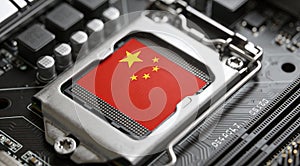 Flag of china on a processor CPU Central processing Unit or GPU microchip on a motherboard.
