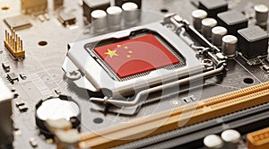 Flag of china on a processor CPU Central processing Unit or GPU microchip on a motherboard.