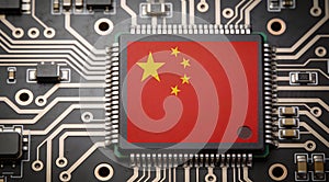 Flag of china on a processor CPU Central processing Unit or GPU microchip on a motherboard.