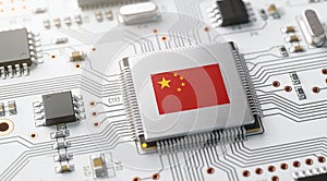 Flag of china on a processor CPU Central processing Unit or GPU microchip on a motherboard.