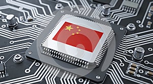Flag of china on a processor CPU Central processing Unit or GPU microchip on a motherboard.