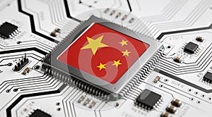 Flag of china on a processor CPU Central processing Unit or GPU microchip on a motherboard.