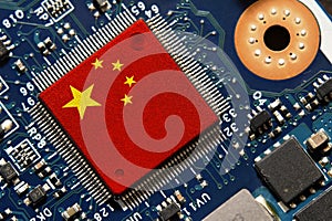Flag of China on a processor, CPU Central processing Unit or GPU microchip on a motherboard