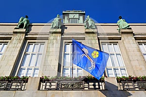 Flag with city's heraldic coat of arms of Ostrava, New Town city hall