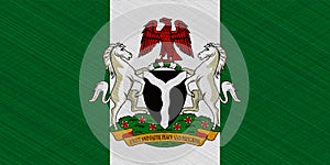 Flag and coat of arms of Federal Republic of Nigeria on a textured background. Concept collage