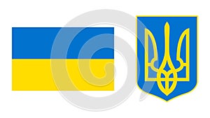 Flag and coat of arms of Ukraine. Yellow-blue flag and trident. National symbols of Ukraine. Vector illustration