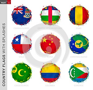 Flag collection, round grunge flag with splashes. 9 vector flags