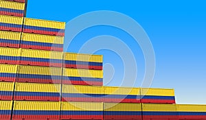 Flag of Colombia on containers forming declining trend of graph. National crisis or meltdown related conceptual 3D