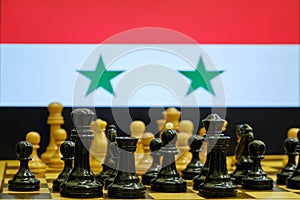 Flag of the country of Iran on the background of chess with pieces on the Board