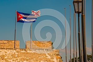 Flag Of Cuba. Fortaleza de San Carlos de La Cabana, Fort of Saint Charles entrance. Havana. Old fortress in Cuba