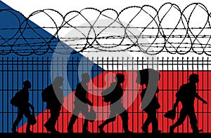 Flag of Czech Republic - Refugees near barbed wire fence. Migrants migrates to other countries.