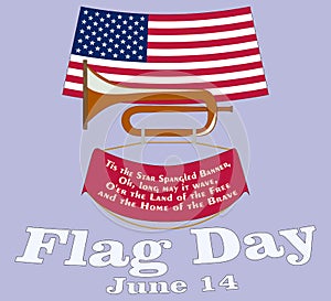 Flag Day card. Poster for June 14 Birthday of American Stars and Stripes. USA Star-Spangled Banner above vintage cavalry horn