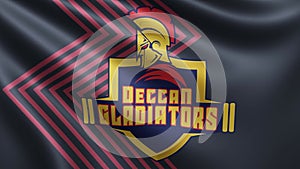 The flag of the Dean Gladiators cricket team that plays cricket flutters in the wind close-up, the flag of the Dean