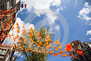 Flag and decorations on King`s day in Amsterdam