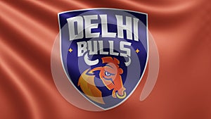 The flag of the Delhi Bulls cricket team that plays cricket flutters in the wind close-up, the flag of the Delhi Bulls