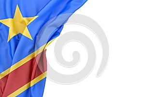 Flag of Democratic Republic of the Congo in the corner on white background. Isolated. 3D illustration