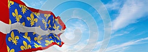 flag of department of Cher, France at cloudy sky background on sunset, panoramic view. French travel and patriot concept. copy