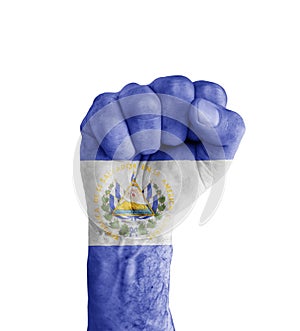 Flag of El Salvador painted on human fist like victory symbol