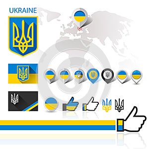 Flag, emblem Ukraine and World map