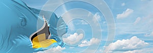 flag of English Creole peoples Saint Lucians at cloudy sky background, panoramic view. flag representing extinct country,ethnic