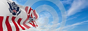 flag of Ensign of the United States Coast Guard waving in the wind. USA National defence. Copy space. 3d illustration