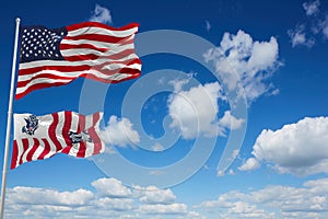 flag of Ensign of the United States Coast Guard waving in the wind. USA National defence. Copy space. 3d illustration