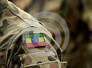 Flag of Ethiopia on military uniform. Army, troops, soldiers, Africa,collage