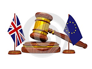 Flag EU and Great Britain and wooden gavel on white background. Isolated 3D image