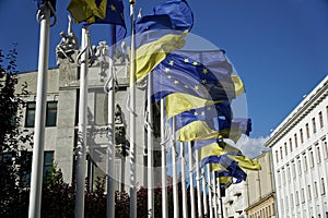 Flag of the EU and Ukraine on the flagpole on the wind at House of Chimeras in Kyiv