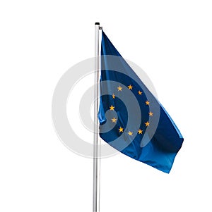 Flag of the European Union on a flagpole isolated on white background