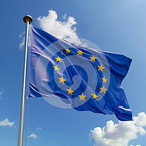 The flag of the European Union with golden stars representing the member states against a cloudy sky