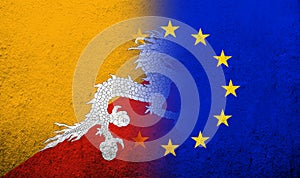 Flag of the European Union with Kingdom of Bhutan National flag. Grunge background