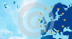 Flag of European Union and map of Europe background. Eu sign. Copy space