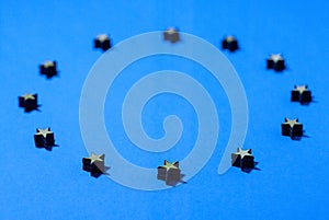 flag of the european union, stars of wood in are in a circle, close up