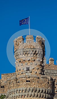 Flag of European Union in a tower of the Castle Manzanares el Real in Madrid,Spain