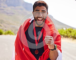 Flag, excited winner or portrait of man with success on road for fitness goal, race or running competition. Proud