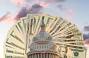 Flag flies in front of Capitol in DC with cash behind the dome as concept for stimulus virus payment