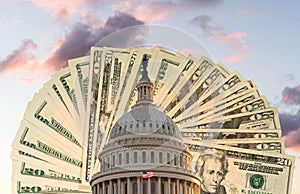 Flag flies in front of Capitol in DC with cash behind the dome as concept for stimulus virus payment photo