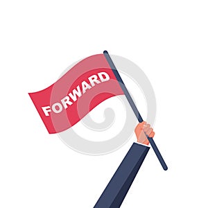 Flag forward in the hand of an ambitious businessman. Vector flat.