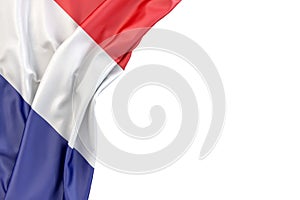Flag of France in the corner on white background. Isolated. 3D illustration
