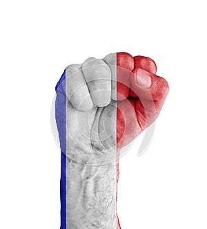 Flag of France painted on human fist like victory symbol